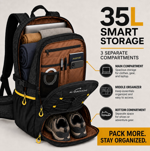 AL SAADOUNI 35L Hiking Backpack with Laptop Compartment & Rain Cover