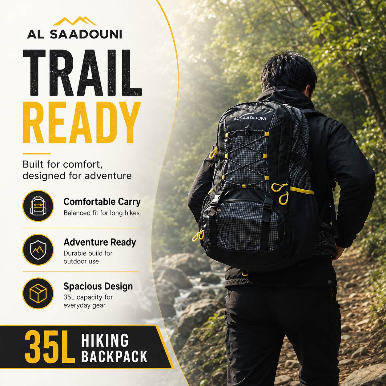 35L Hiking Backpack for Men & Women – Waterproof Travel Backpack with Laptop Compartment, Rain Cover, Lightweight Daypack | AL SAADOUNI