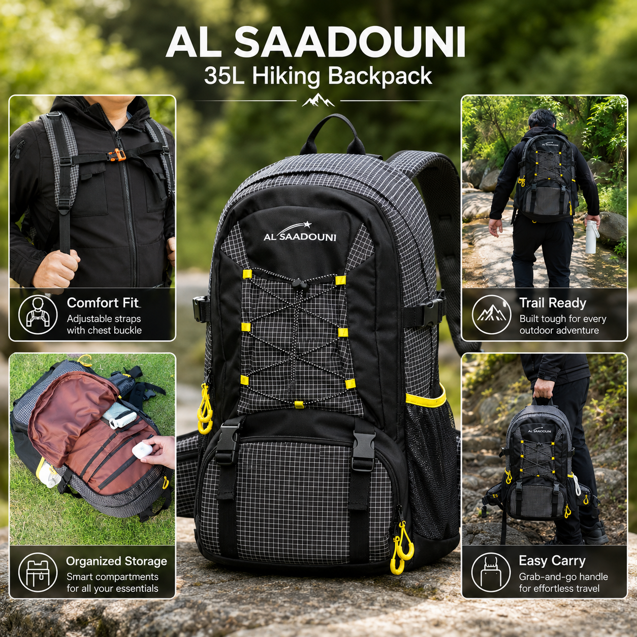 35L Hiking Backpack for Men & Women – Waterproof Travel Backpack with Laptop Compartment, Rain Cover, Lightweight Daypack | AL SAADOUNI