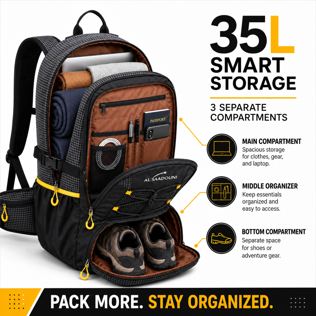 35L Hiking Backpack for Men & Women – Waterproof Travel Backpack with Laptop Compartment, Rain Cover, Lightweight Daypack | AL SAADOUNI