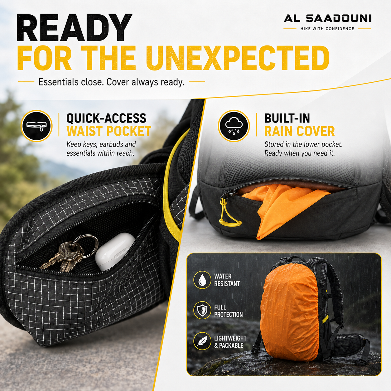 35L Hiking Backpack for Men & Women – Waterproof Travel Backpack with Laptop Compartment, Rain Cover, Lightweight Daypack | AL SAADOUNI