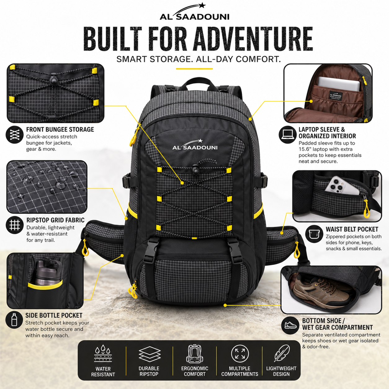 AL SAADOUNI 35L Hiking Backpack – Water-Resistant Travel Backpack with Laptop Compartment & Rain Cover