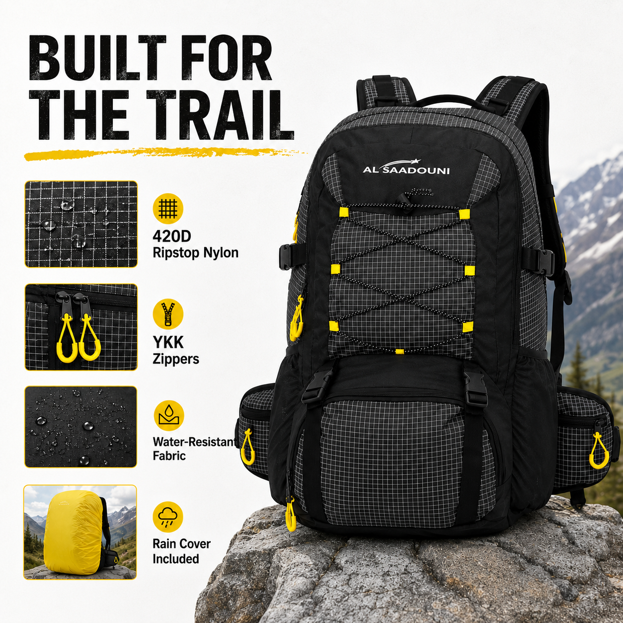 AL SAADOUNI 35L Hiking Backpack – Water-Resistant Travel Backpack with Laptop Compartment & Rain Cover