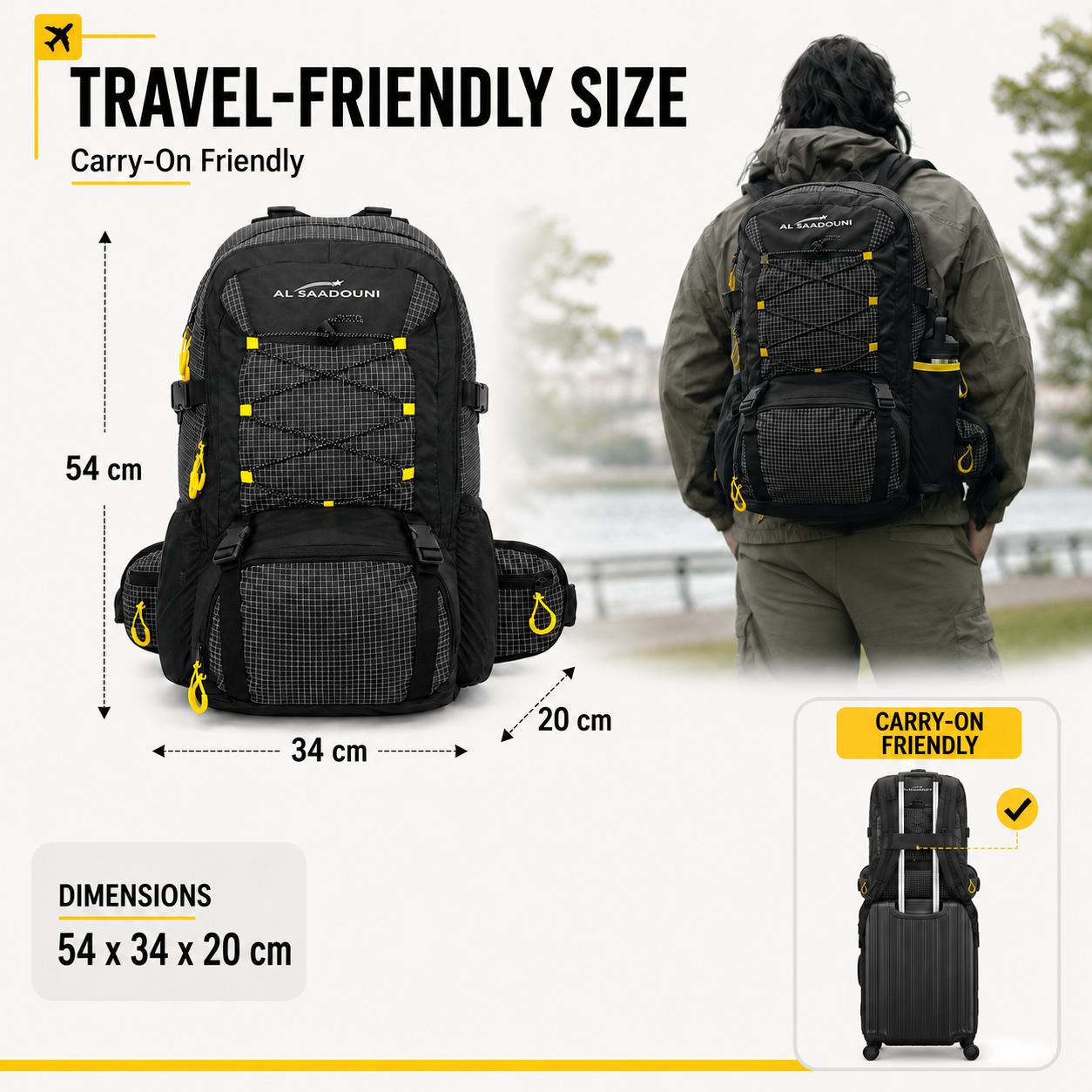 AL SAADOUNI 35L Hiking Backpack – Water-Resistant Travel Backpack with Laptop Compartment & Rain Cover