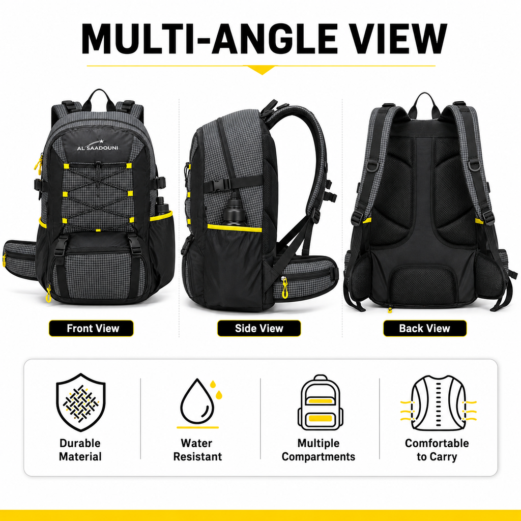 AL SAADOUNI 35L Hiking Backpack – Water-Resistant Travel Backpack with Laptop Compartment & Rain Cover