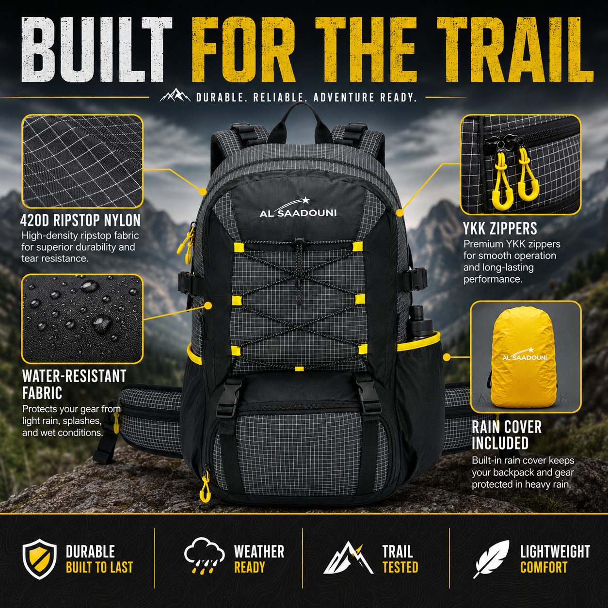 AL SAADOUNI 35L Hiking Backpack – Water-Resistant Travel Backpack with Laptop Compartment & Rain Cover