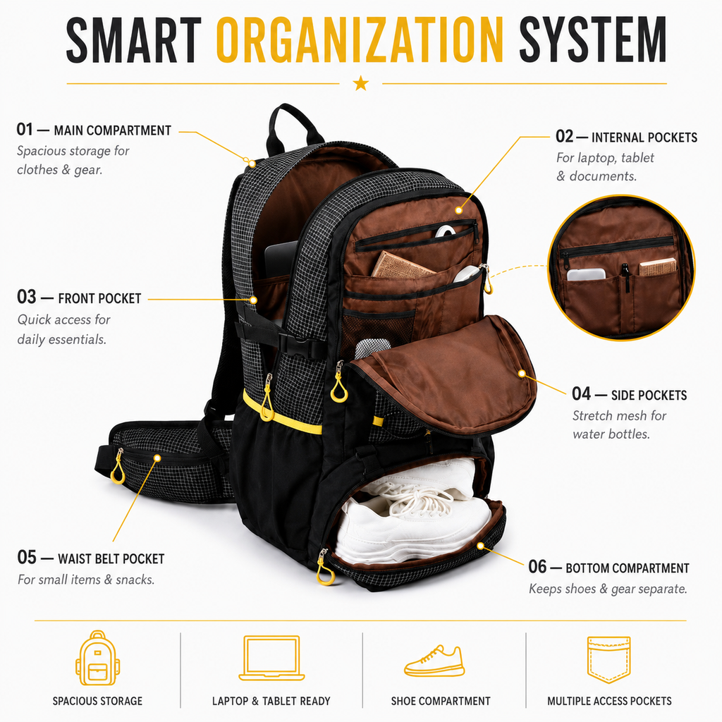 AL SAADOUNI 35L Hiking Backpack – Water-Resistant Travel Backpack with Laptop Compartment & Rain Cover