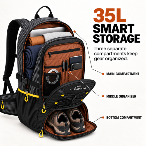 AL SAADOUNI 35L Hiking & Travel Backpack – Water-Resistant with Laptop Compartment & Rain Cover