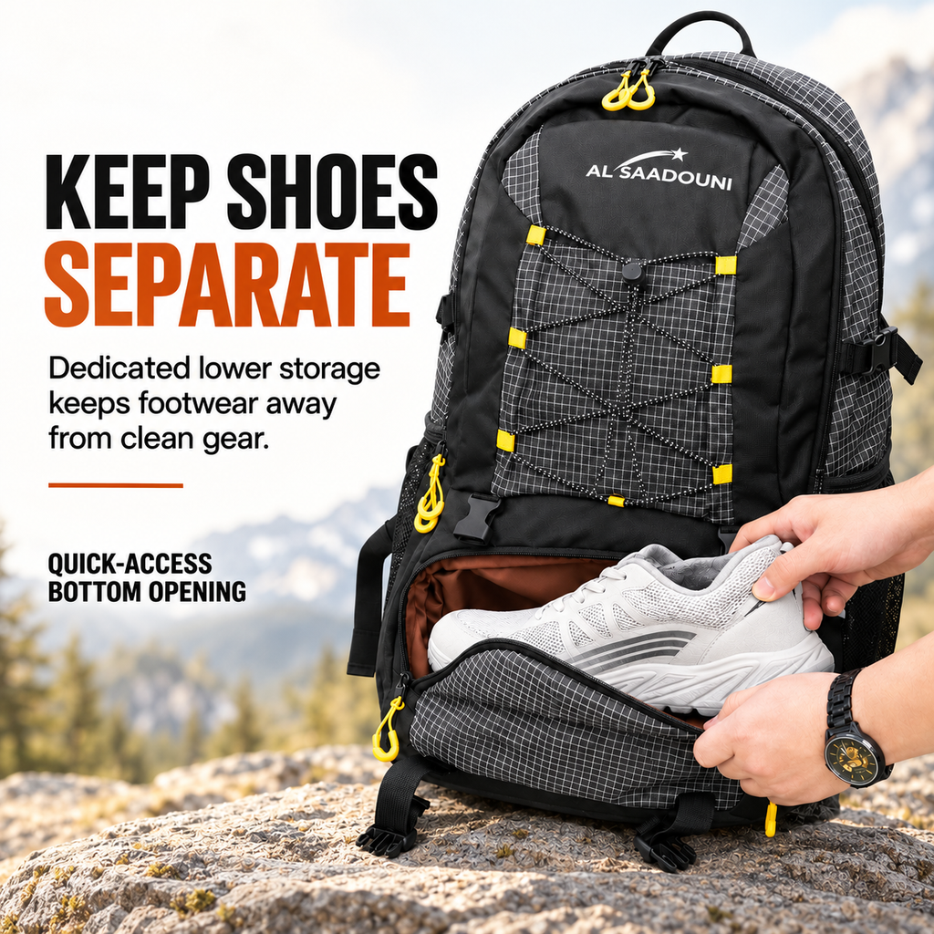 AL SAADOUNI 35L Hiking & Travel Backpack – Water-Resistant with Laptop Compartment & Rain Cover